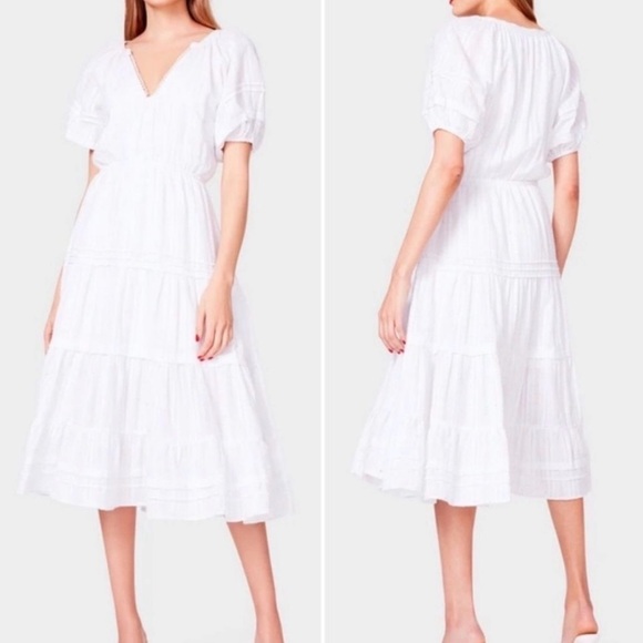 Betsey Johnson Dresses & Skirts - Betsey Johnson White Tiered V-Neck Midi Dress with Puff Sleeves size small